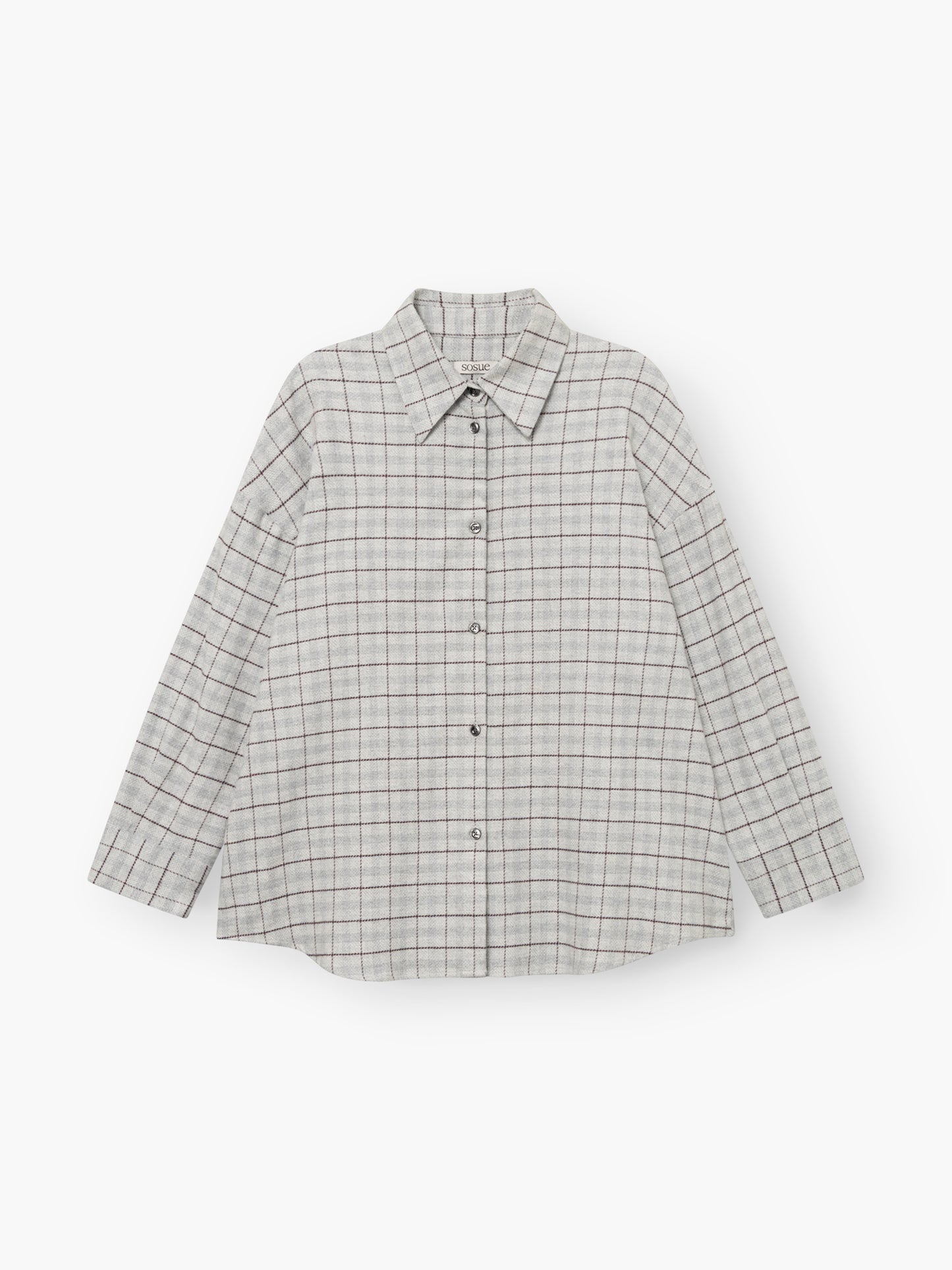Ein langärmeliges Hemd mit Knopfleiste namens „Ted Flanell Check“ mit spitzem Kragen und grau-weißem Karomuster liegt flach auf einem weißen Hintergrund.