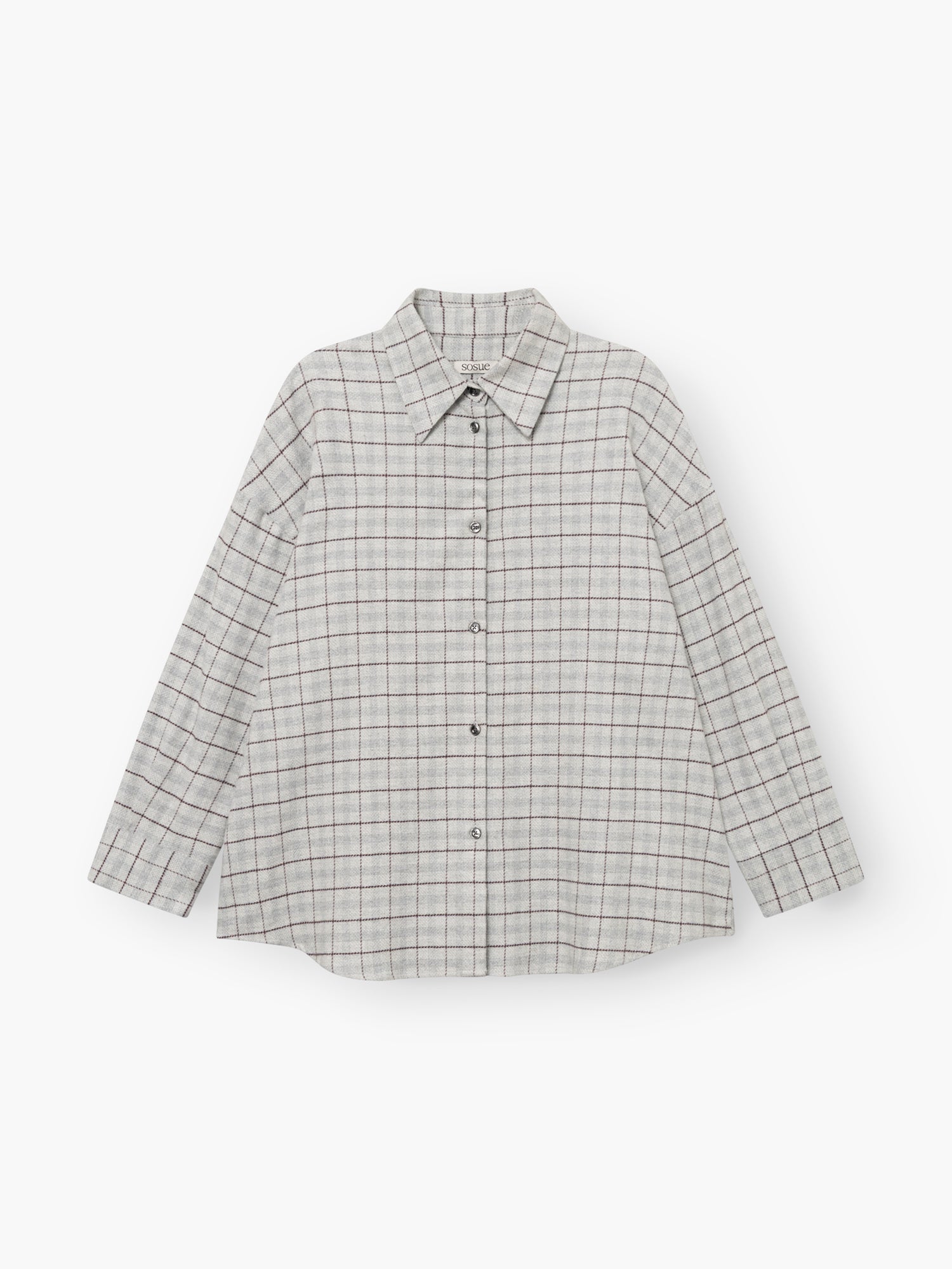 Ein langärmeliges Hemd mit Knopfleiste namens „Ted Flanell Check“ mit spitzem Kragen und grau-weißem Karomuster liegt flach auf einem weißen Hintergrund.