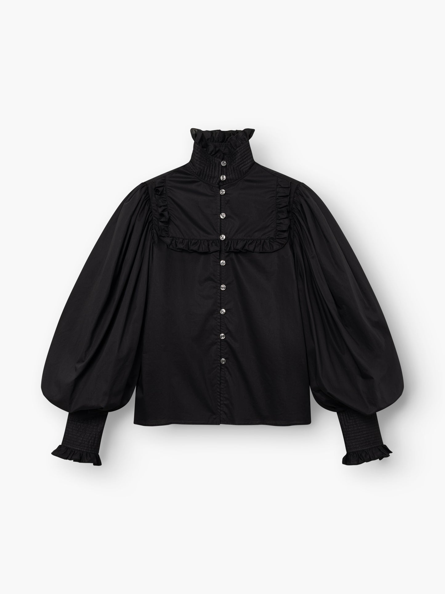 Die Bluse „Victoria“ ist eine schwarze Bluse mit hohem Rüschenkragen, langen Puffärmeln, Rüschendetails, Manschetten und einer Knopfleiste – für einen Hauch viktorianischer Eleganz.