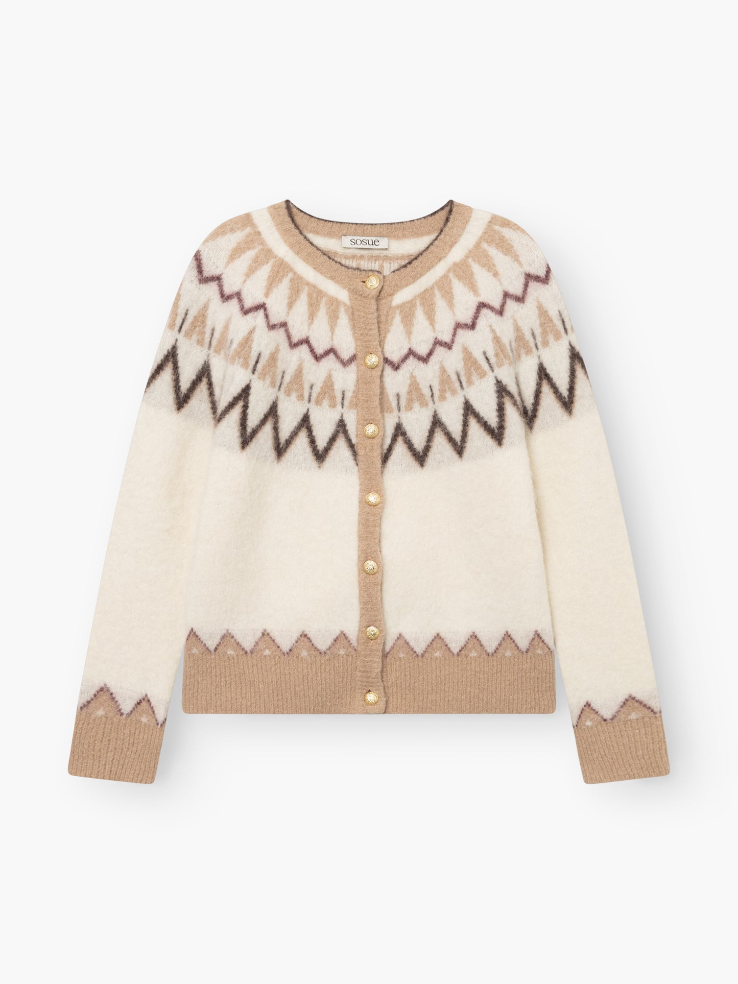 Gebürstete Norweger-Jacke in Offwhite und Beige, eine Strickjacke mit geometrischem Zickzackmuster am Ausschnitt und an den Ärmelbündchen, vorne mit goldenen Knöpfen verziert.