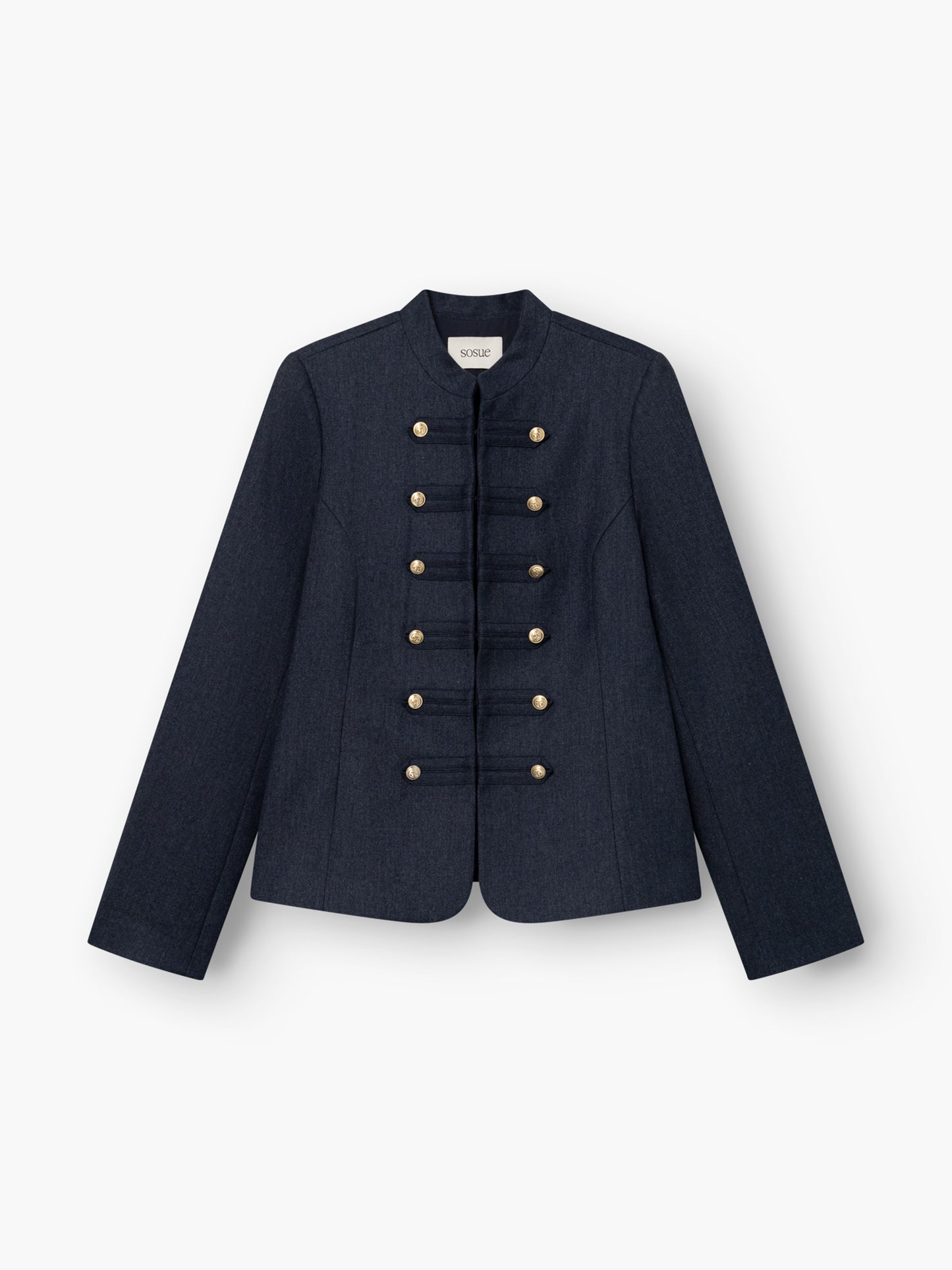 Jacke „Amelia“ in Dunkelblau, tailliert im Military-Stil für Damen, mit Stehkragen und goldenen Knöpfen in zwei Reihen auf der Vorderseite, präsentiert vor weißem Hintergrund.