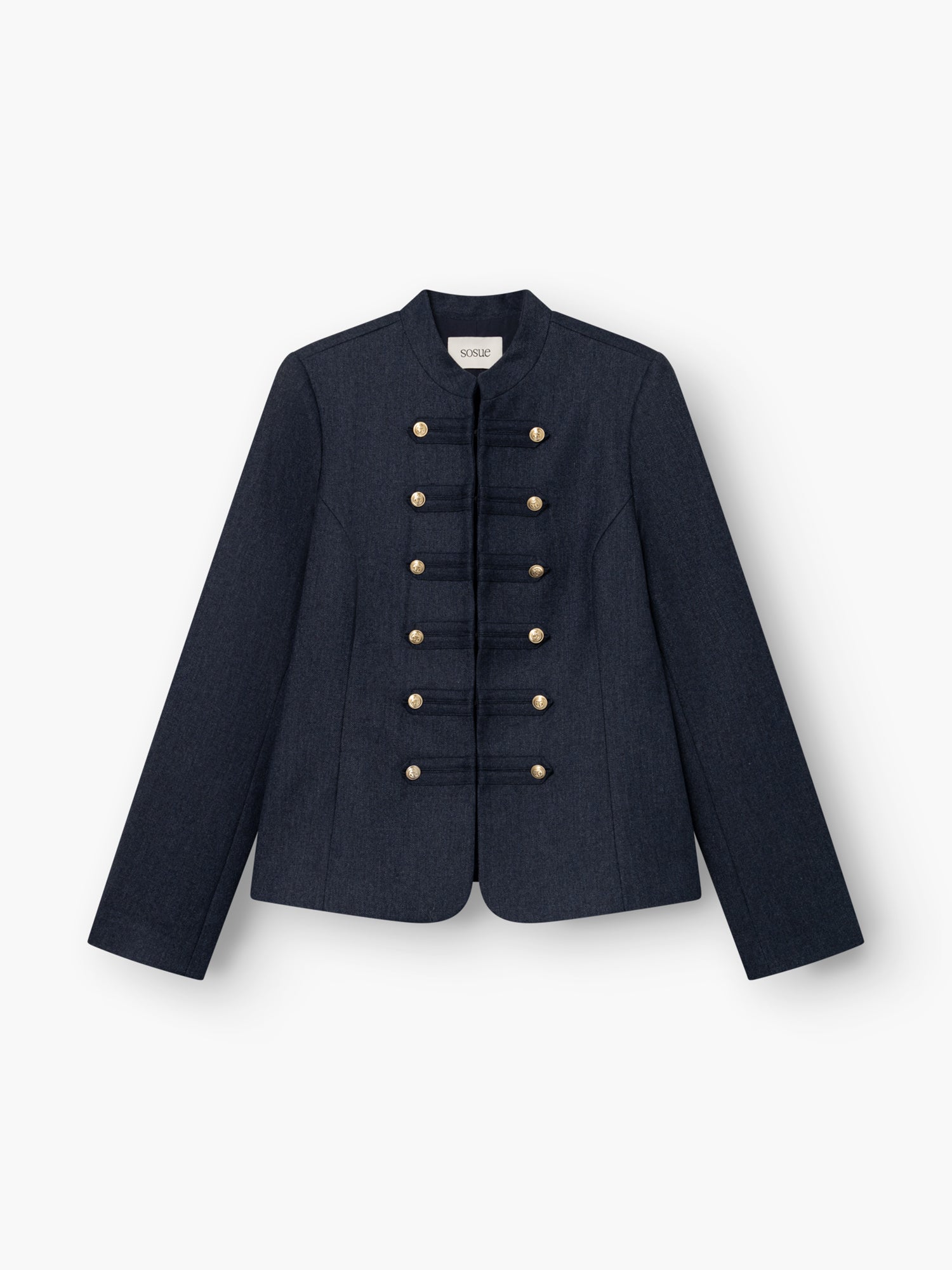 Jacke „Amelia“ in Dunkelblau, tailliert im Military-Stil für Damen, mit Stehkragen und goldenen Knöpfen in zwei Reihen auf der Vorderseite, präsentiert vor weißem Hintergrund.
