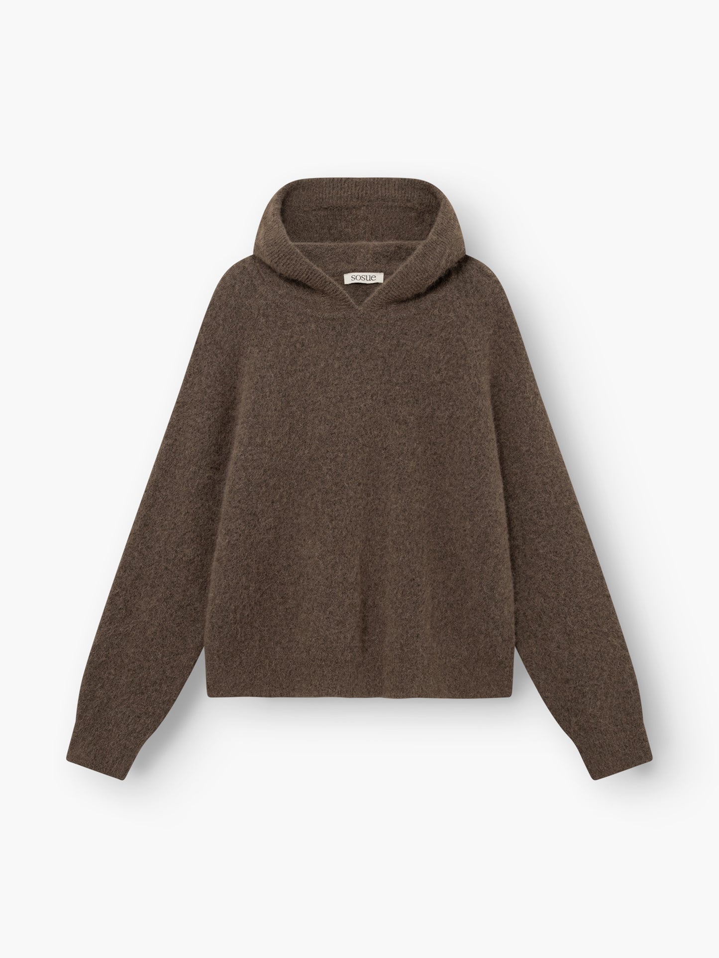 Der „Bear Hoodie Braun“ ist ein brauner, langärmeliger Strick-Hoodie mit lockerer Passform, der vor einem weißen Hintergrund abgebildet ist.