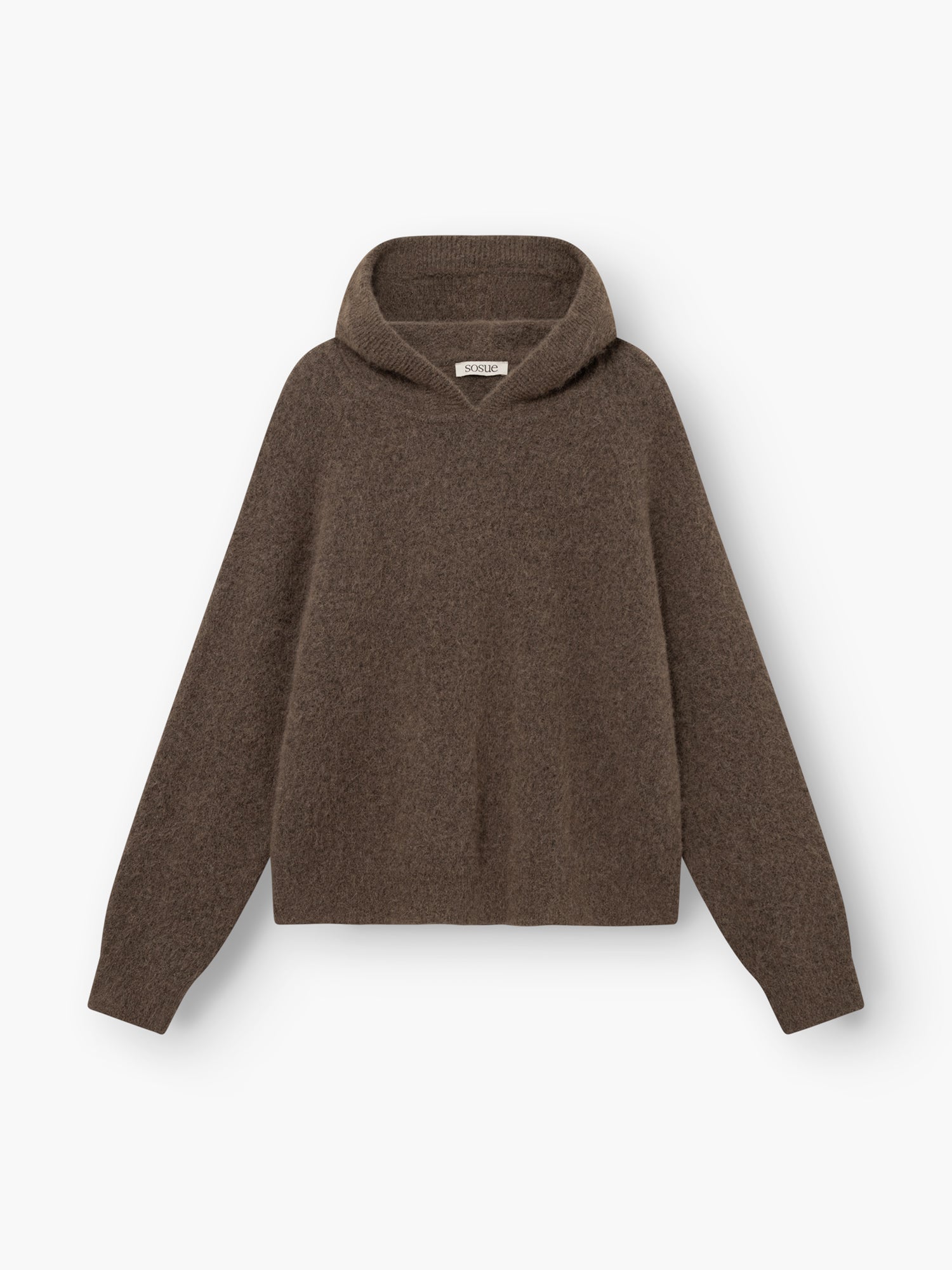 Der „Bear Hoodie Braun“ ist ein brauner, langärmeliger Strick-Hoodie mit lockerer Passform, der vor einem weißen Hintergrund abgebildet ist.
