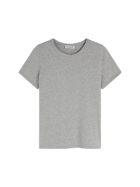 Das T-Shirt Roundneck Grey ist ein schlichtes, hellgraues Damen-T-Shirt aus Baumwolle mit kurzen Ärmeln und wird flach auf weißem Hintergrund präsentiert.