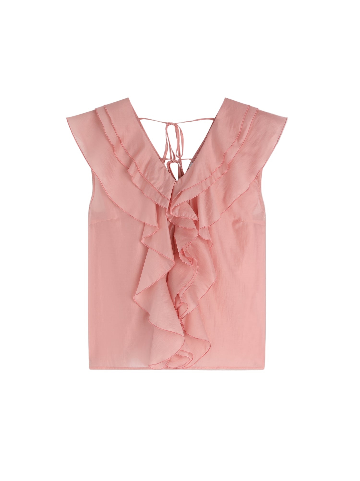 Das Top Ruffle Light Pink ist ein ärmelloser Damenbluse V-Ausschnitt mit Rüschendetails, einem gerüschten V-Ausschnitt, Bindeverschluss am Rücken und aus leichtem, halbdurchsichtigem Stoff für ein luftiges Gefühl.