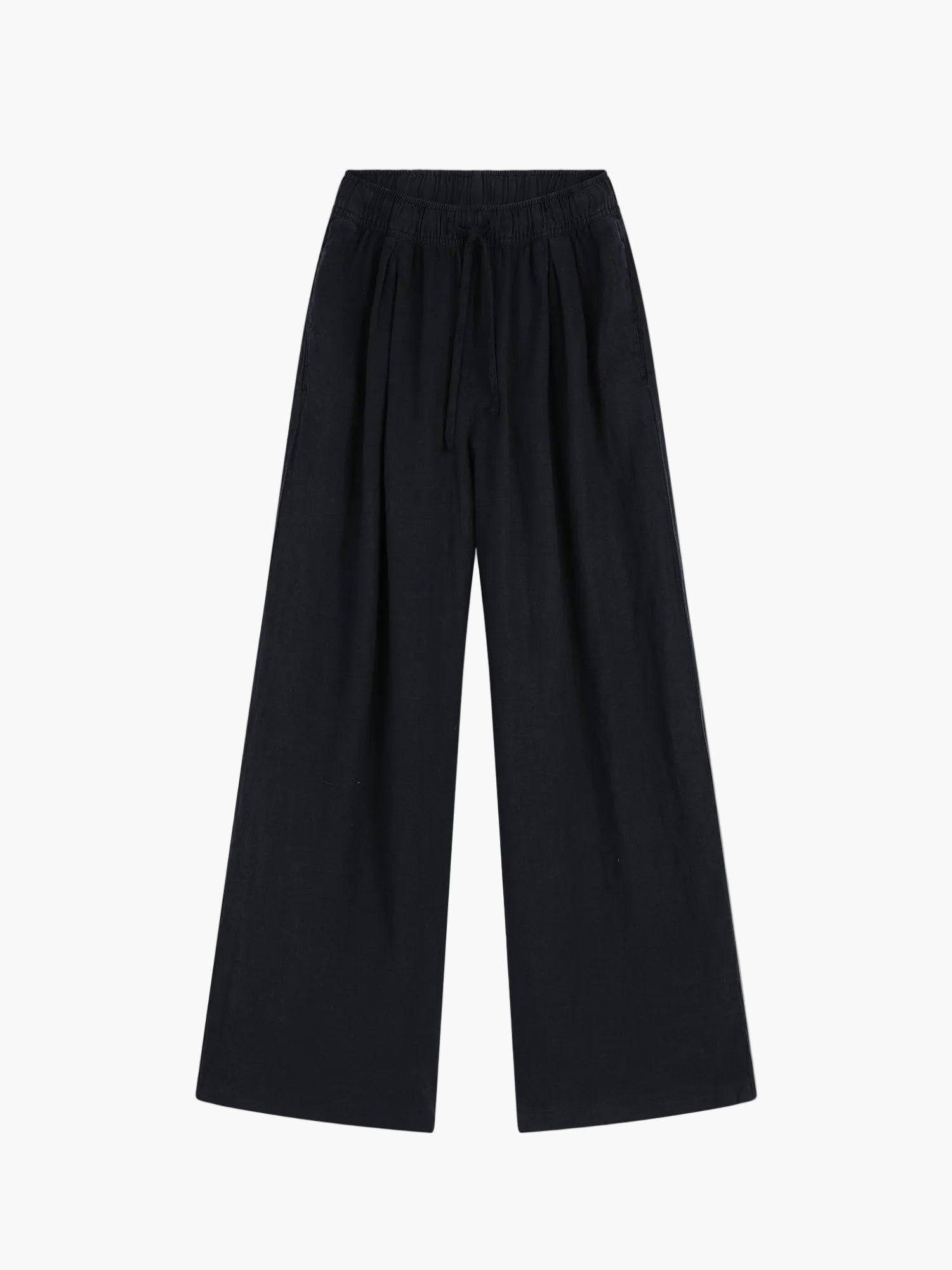 Weit geschnittene Sommerhose Pants Josy Linen Navy aus Leinen, in Dunkelblau mit elastischem Bund und Kordelzug, flach auf weißem Hintergrund präsentiert.
