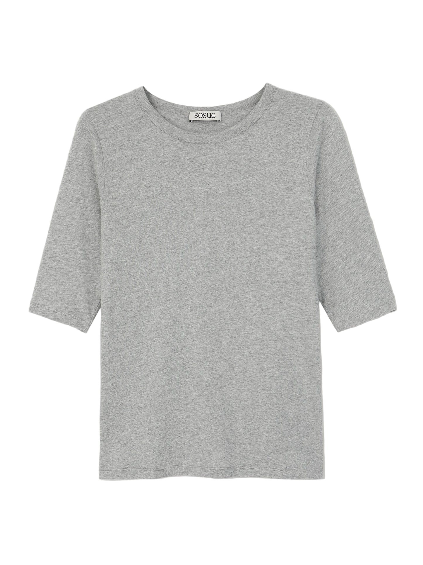 Das T-Shirt Half Sleeve Grey wird vor einem weißen Hintergrund angezeigt. Dieses T-Shirt für Frauen hat eine hellgraue Farbe, ist aus 100% Baumwolle, hat einen einfachen Rundhalsausschnitt und einen geraden Saum.