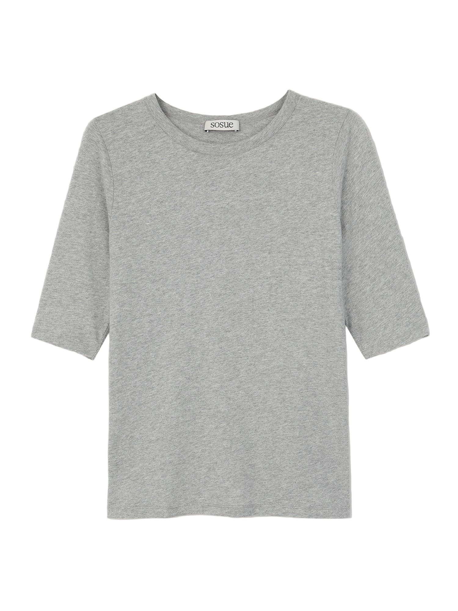 Das T-Shirt Half Sleeve Grey wird vor einem weißen Hintergrund angezeigt. Dieses T-Shirt für Frauen hat eine hellgraue Farbe, ist aus 100% Baumwolle, hat einen einfachen Rundhalsausschnitt und einen geraden Saum.