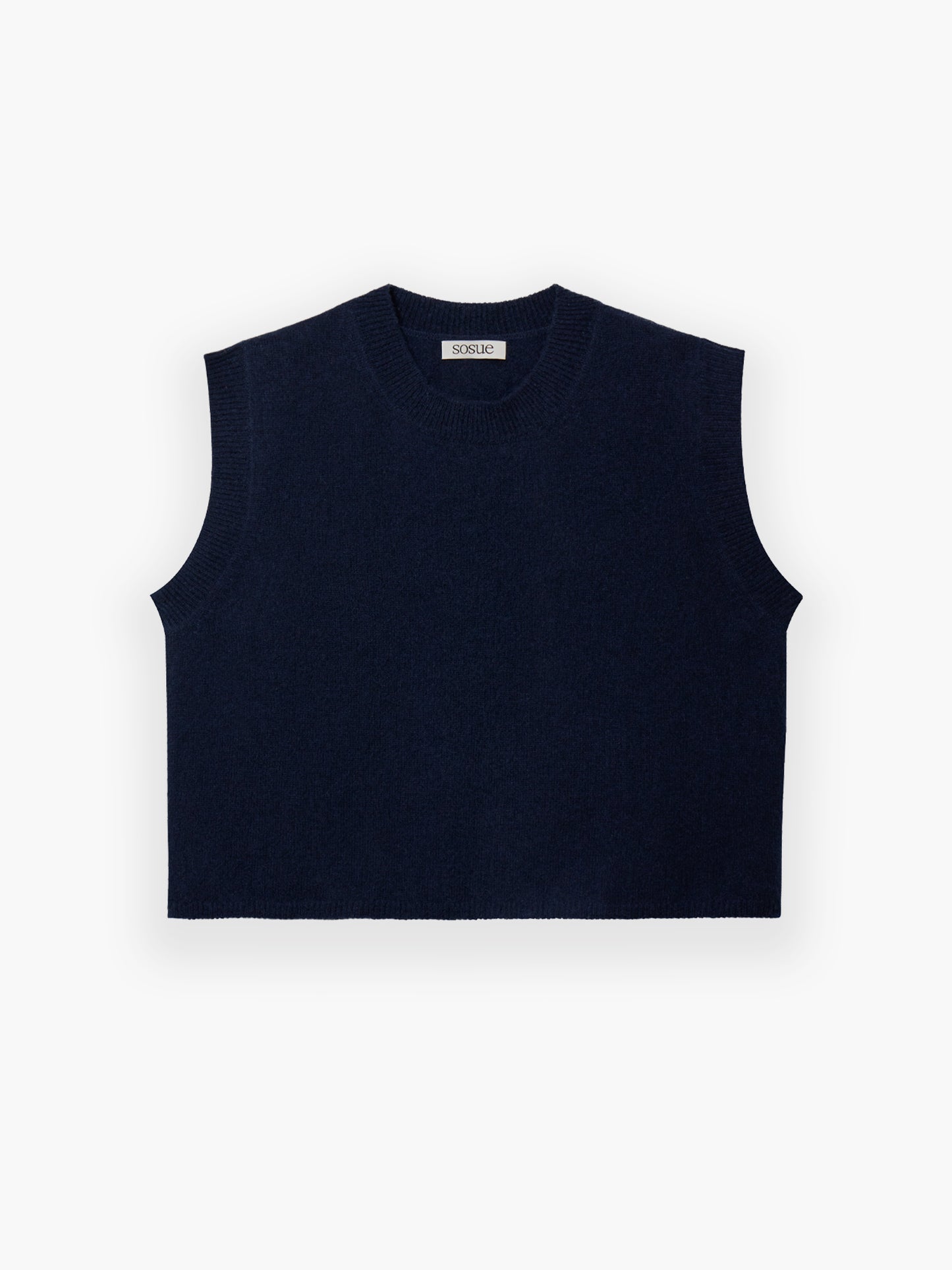 Die Pullunder Cashmere Navy ist eine Damen Strickweste aus Kaschmir in Navy, ärmellos mit klassischem Rundhalsausschnitt, und wird flach auf weißem Hintergrund präsentiert.