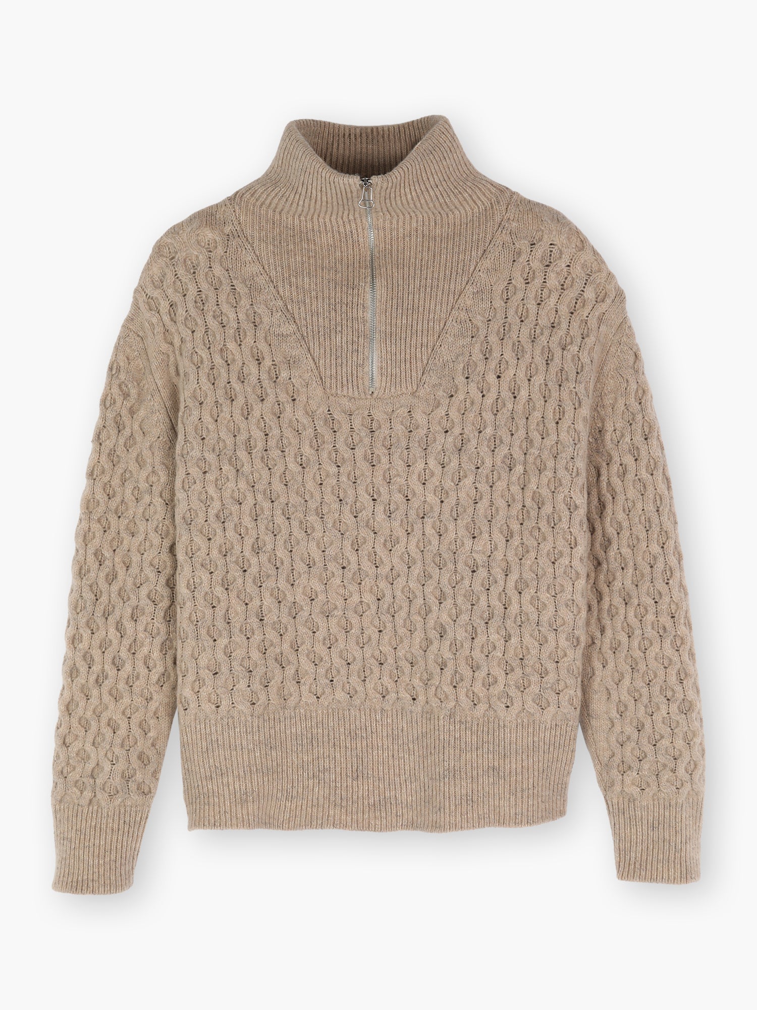 Der beigefarbene Troya Mia Print-Pullover mit langen Ärmeln, Zopfmuster, geripptem Stehkragen und halbem Reißverschluss auf der Vorderseite liegt flach auf einem weißen Hintergrund.