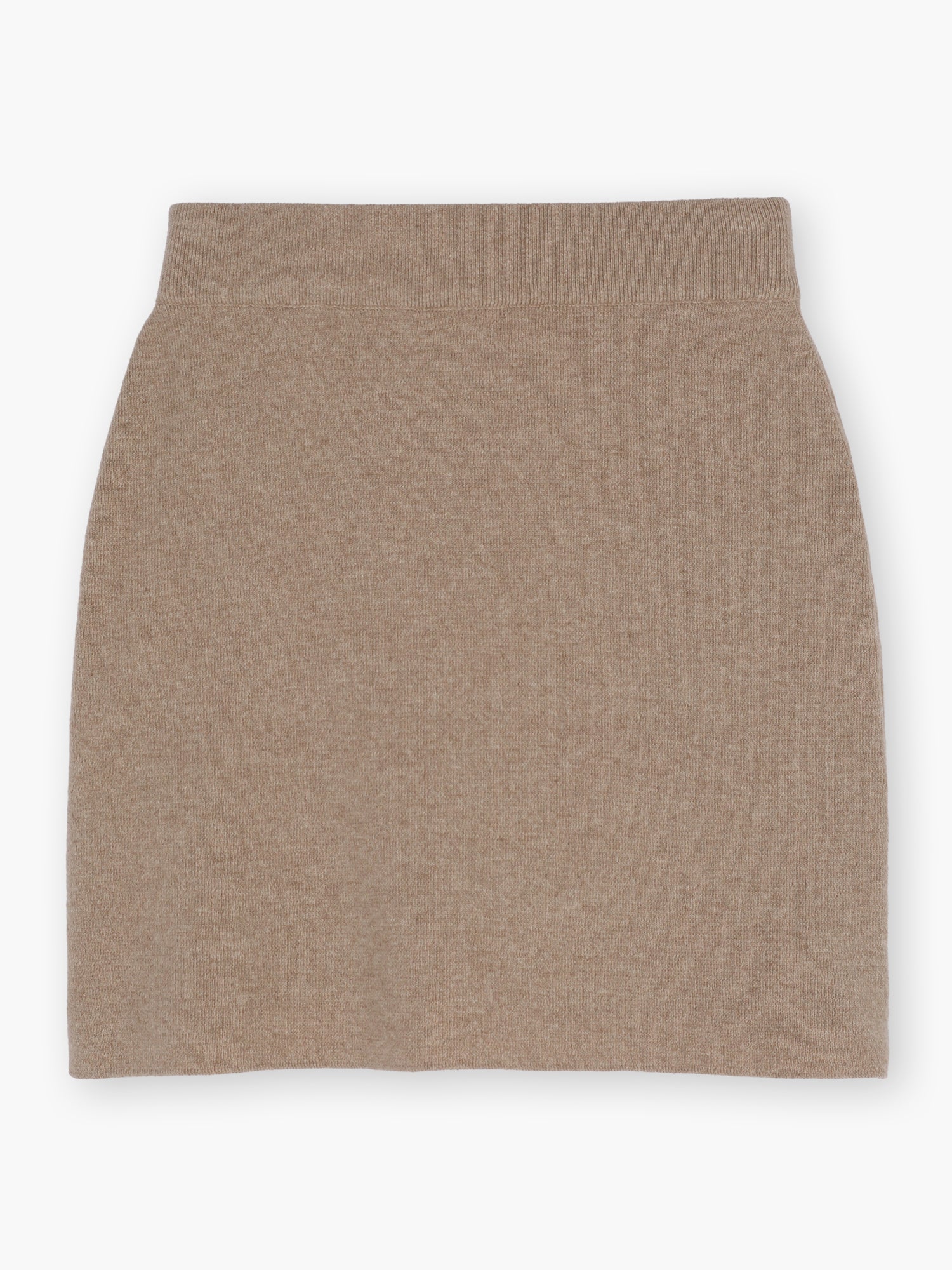 Der Rock Marino Mini Beige ist ein schlichter, hellbrauner Minirock für Damen mit hohem Bund, der flach auf weißem Grund abgebildet ist.