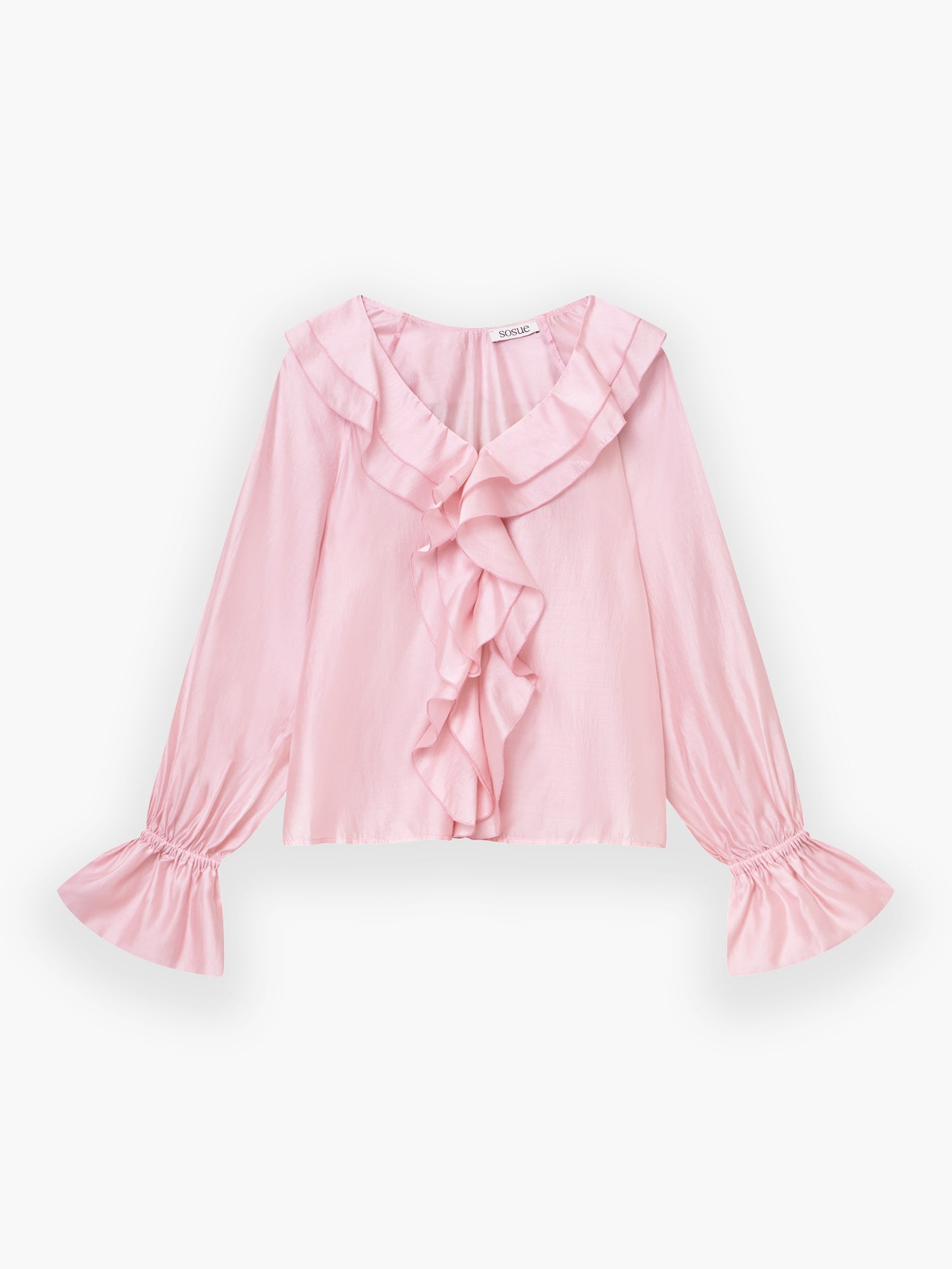 Das Ruffle Long Sleeve Blush hat einen hellrosa Farbton, einen gerüschten V-Ausschnitt mit kaskadenförmigen Rüschen auf der Vorderseite und ausgestellte, geraffte Manschetten für einen weichen, femininen und eleganten Look.