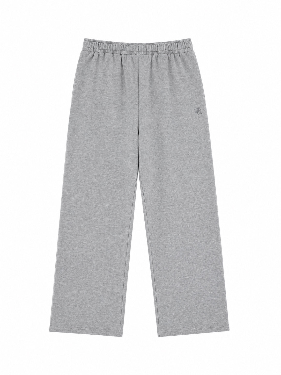 Graue Jogginghose in Oversize-Passform mit elastischem Bund und weitem Bein, flach auf einem weißen Hintergrund liegend. Hergestellt in Portugal.