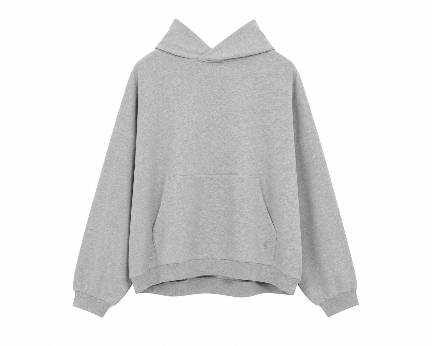 Der „Grauer Oversized Hoodie“, der in Portugal aus weichem Fleece hergestellt wird, ist ein einfarbiger, hellgrauer Hoodie mit langen Ärmeln, einer Kängurutasche vorne sowie gerippten Bündchen und Saum, dargestellt auf weißem Hintergrund.