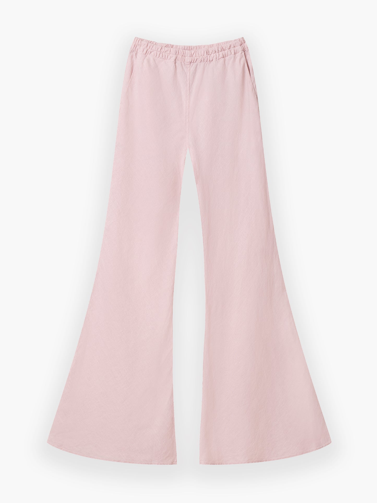 Hose Joana Blush: Hochtaillierte, hellrosa Leinenhose mit elastischem Bund und weitem Glockenboden, flach auf weißem Grund - der ideale Leinenhose Damen-Stil für luftige Tage.