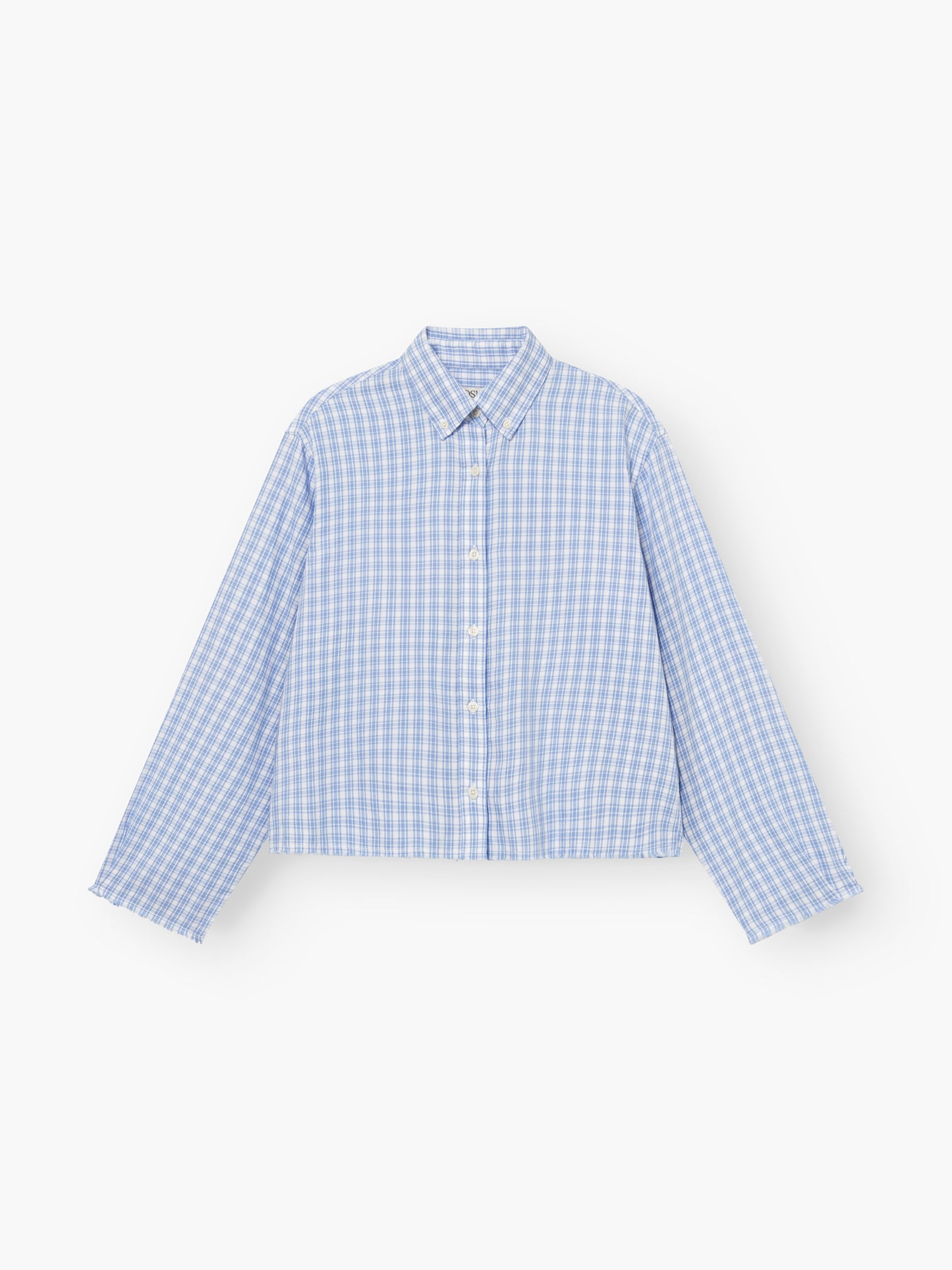 Die Bluse Casual Check in blau-weißem Karo ist ein langärmeliges Hemd mit Kragen und Knopfleiste, das flach auf weißem Hintergrund abgebildet ist.