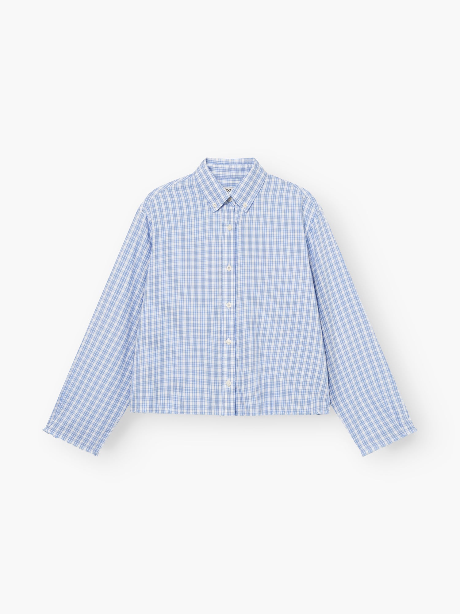 Die Bluse Casual Check in blau-weißem Karo ist ein langärmeliges Hemd mit Kragen und Knopfleiste, das flach auf weißem Hintergrund abgebildet ist.