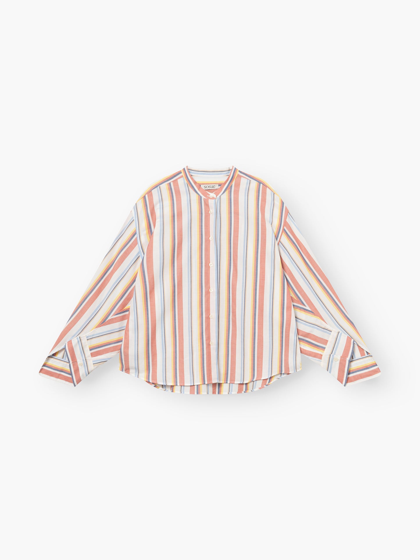 Die Bluse New York Stripes ist ein langärmeliges, kragenloses Button-up-Hemd mit vertikalen orangefarbenen, blauen, gelben und weißen Streifen. Es hat weite Ärmel und einen leicht geschwungenen Saum.