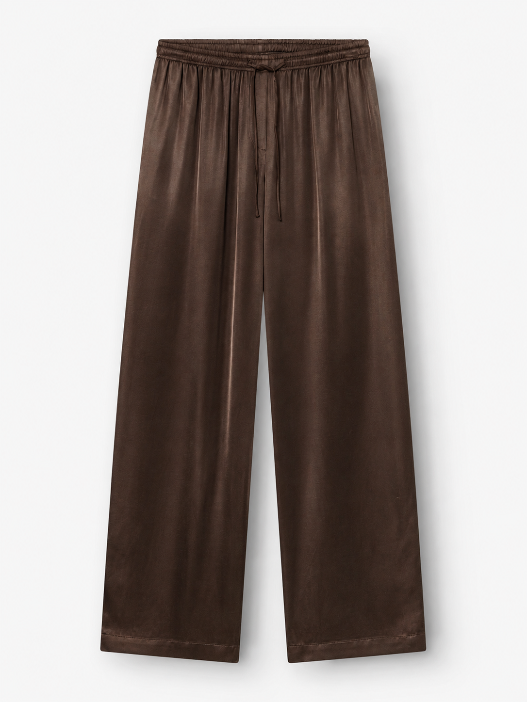 Braune Samthose „Aria Braun“ mit weitem Bein, elastischem Bund und Kordelzug (Hose mit Tunnelzug), flach auf weißem Hintergrund präsentiert.