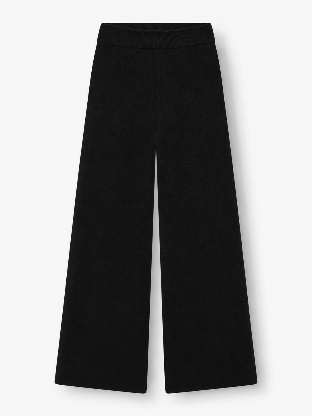 Die Merino-Hose „Schwarz“ wird vor weißem Hintergrund präsentiert und zeichnet sich durch einen hohen Bund sowie einen lockeren, geraden Schnitt mit weitem Bein aus.