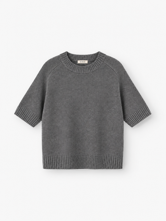 Joana T-Shirt: Ein graues, kurzärmeliges Strick-T-Shirt mit gerippten Bündchen, Saum und Kragen, gefertigt aus einer luxuriösen Merinowolle-Mischung und auf weißem Hintergrund abgebildet.