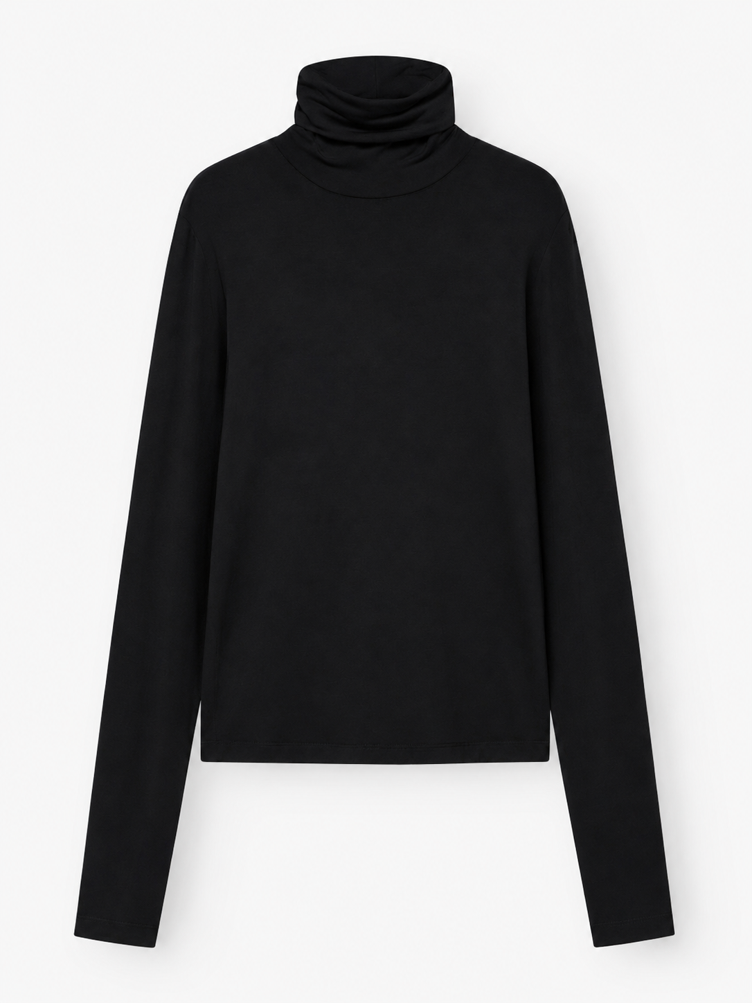 Schwarzes Langarm-Shirt von Turtle Jersey (Rollkragenshirt für Damen), flach auf einem weißen Hintergrund liegend, mit hohem, umgeschlagenem Rollkragen und einem schlichten, minimalistischen Design. Hergestellt aus hochwertigem schwarzem Jersey-Stoff und in Portugal gefertigt.