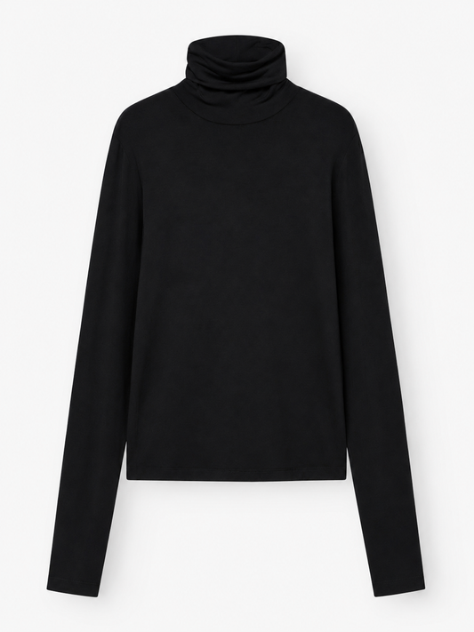 Schwarzes Langarm-Shirt von Turtle Jersey (Rollkragenshirt für Damen), flach auf einem weißen Hintergrund liegend, mit hohem, umgeschlagenem Rollkragen und einem schlichten, minimalistischen Design. Hergestellt aus hochwertigem schwarzem Jersey-Stoff und in Portugal gefertigt.