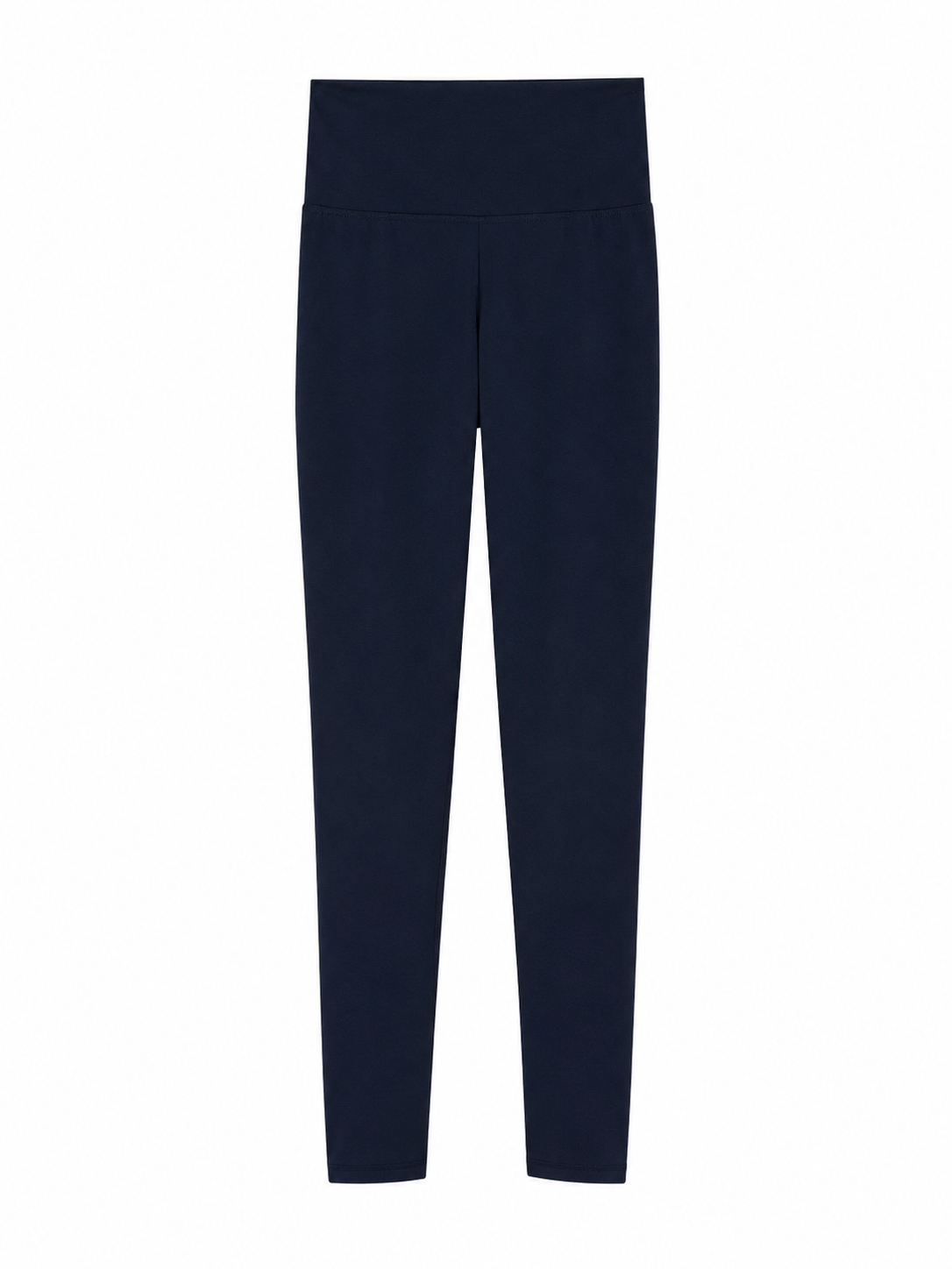 Die Leggings in Marineblau, auch bekannt als „Leggins Damen“ in Dunkelblau, werden flach auf einem weißen Hintergrund präsentiert. Diese Leggings mit hoher Taille zeichnen sich durch ein minimalistisches, nahtloses Design mit langen, eng anliegenden Beinen und hervorragender Stretchqualität für ultimativen Tragekomfort aus – und sorgen so für mühelosen Stil ohne sichtbare Logos oder Muster.