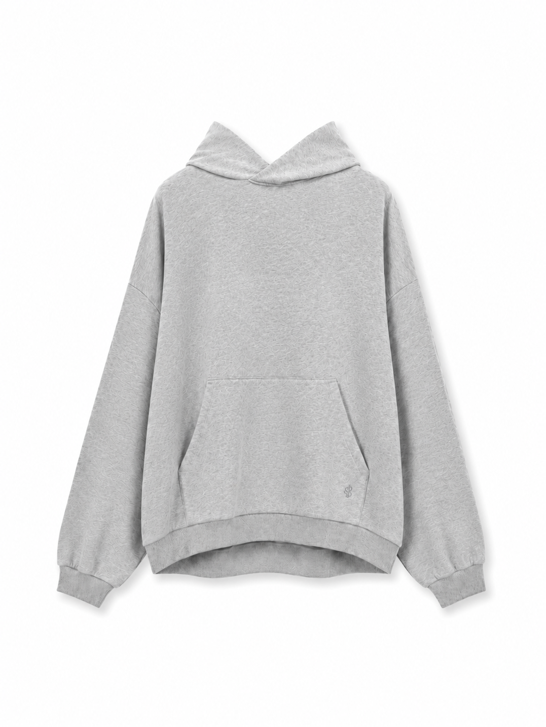 Der „Grauer Oversized Hoodie“ ist ein hellgrauer, übergroßer Hoodie mit langen Ärmeln, einer Brusttasche und gerippten Bündchen, der in Portugal hergestellt wurde und hier vor weißem Hintergrund abgebildet ist.