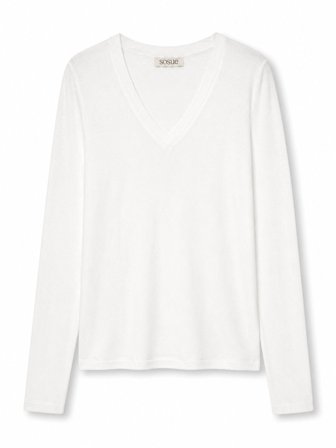 Ein „Cashmere V Neck Rib Weiss“ – ein schlichtes, weißes Damen-Langarmshirt mit V-Ausschnitt, hergestellt in Portugal – wird vor einem weißen Hintergrund präsentiert.