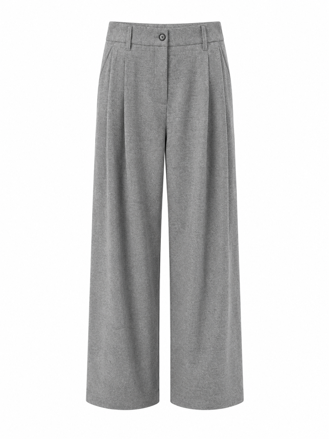 Die graue Tweedhose im Weithosen-Stil mit Falten auf der Vorderseite, Gürtelschlaufen sowie einem Knopf- und Reißverschluss, hier auf weißem Hintergrund abgebildet – diese elegante Hose wurde in Italien meisterhaft gefertigt.