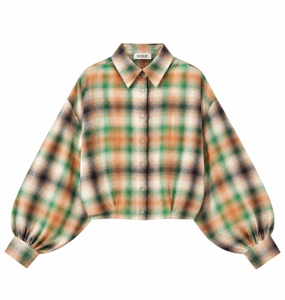 Bluse Antonia Short Green Orange Check – eine kurze Bluse mit grün-orangefarbenem Karomuster, Kragen und voluminösen Ärmeln.