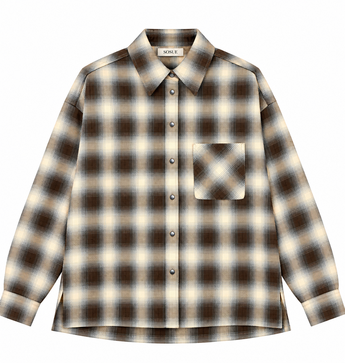 Bluse Boxy Long Check Black Brown-ONE: ein übergroßes, langärmeliges Flanellhemd mit schwarz-braunem Karomuster und einer Brusttasche.