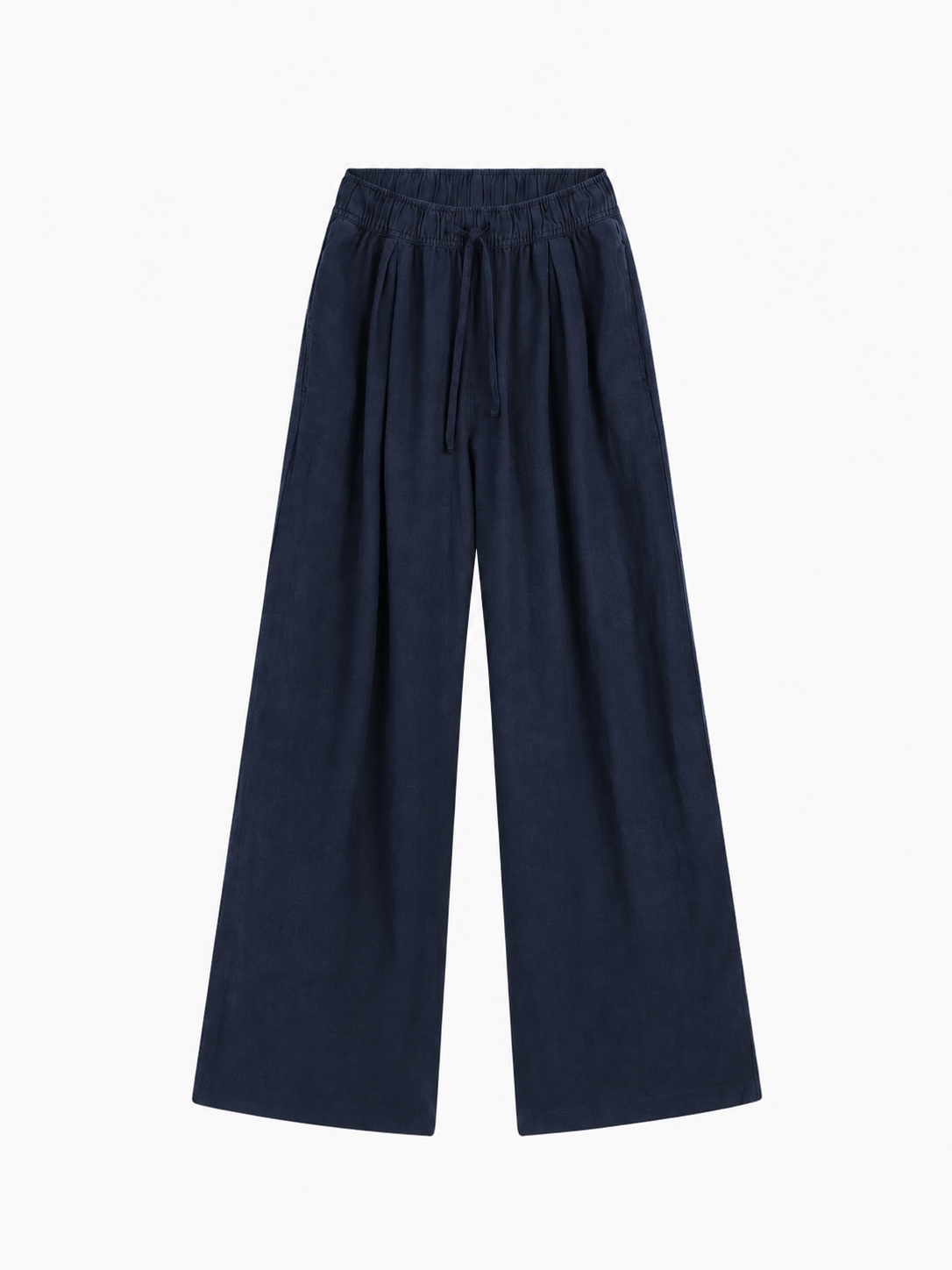 Hose Josy Linen Navy: marineblaue Hose mit weitem Bein aus einem bequemen Baumwollstoff mit elastischem Bund und Kordelzug.