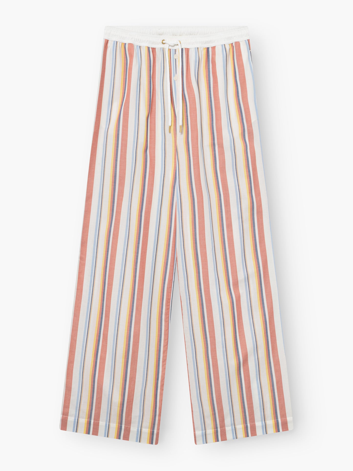 Hose New York: Locker sitzende Hose mit elastischem Bund und Kordelzug, mit vertikalen Streifen in Rot, Gelb, Blau und Orange auf weißem Grund.