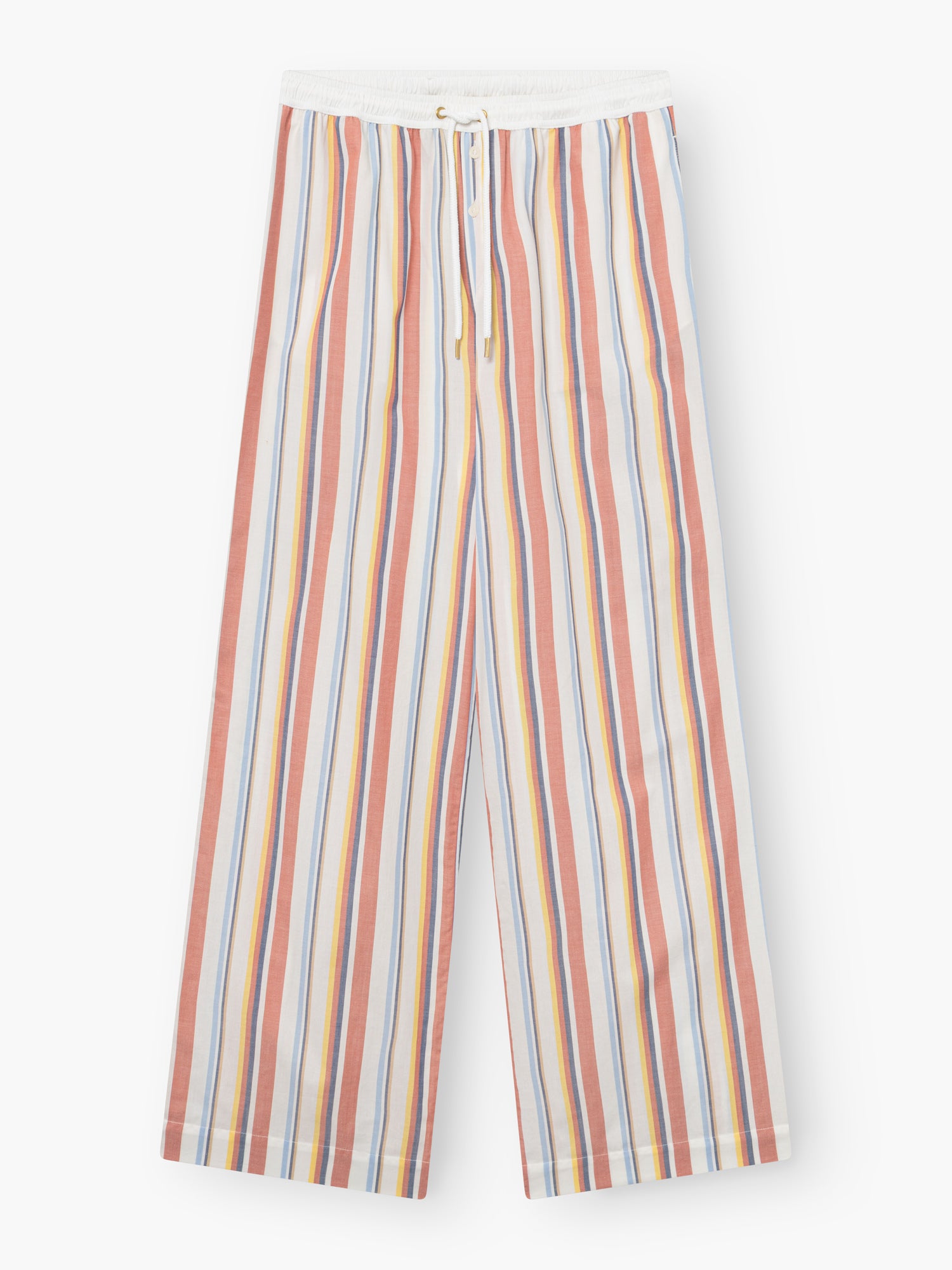 Hose New York: Locker sitzende Hose mit elastischem Bund und Kordelzug, mit vertikalen Streifen in Rot, Gelb, Blau und Orange auf weißem Grund.