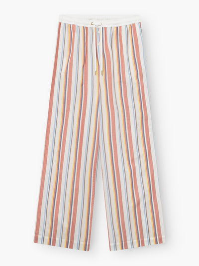 Hose New York: Locker sitzende Hose mit elastischem Bund und Kordelzug, mit vertikalen Streifen in Rot, Gelb, Blau und Orange auf weißem Grund.