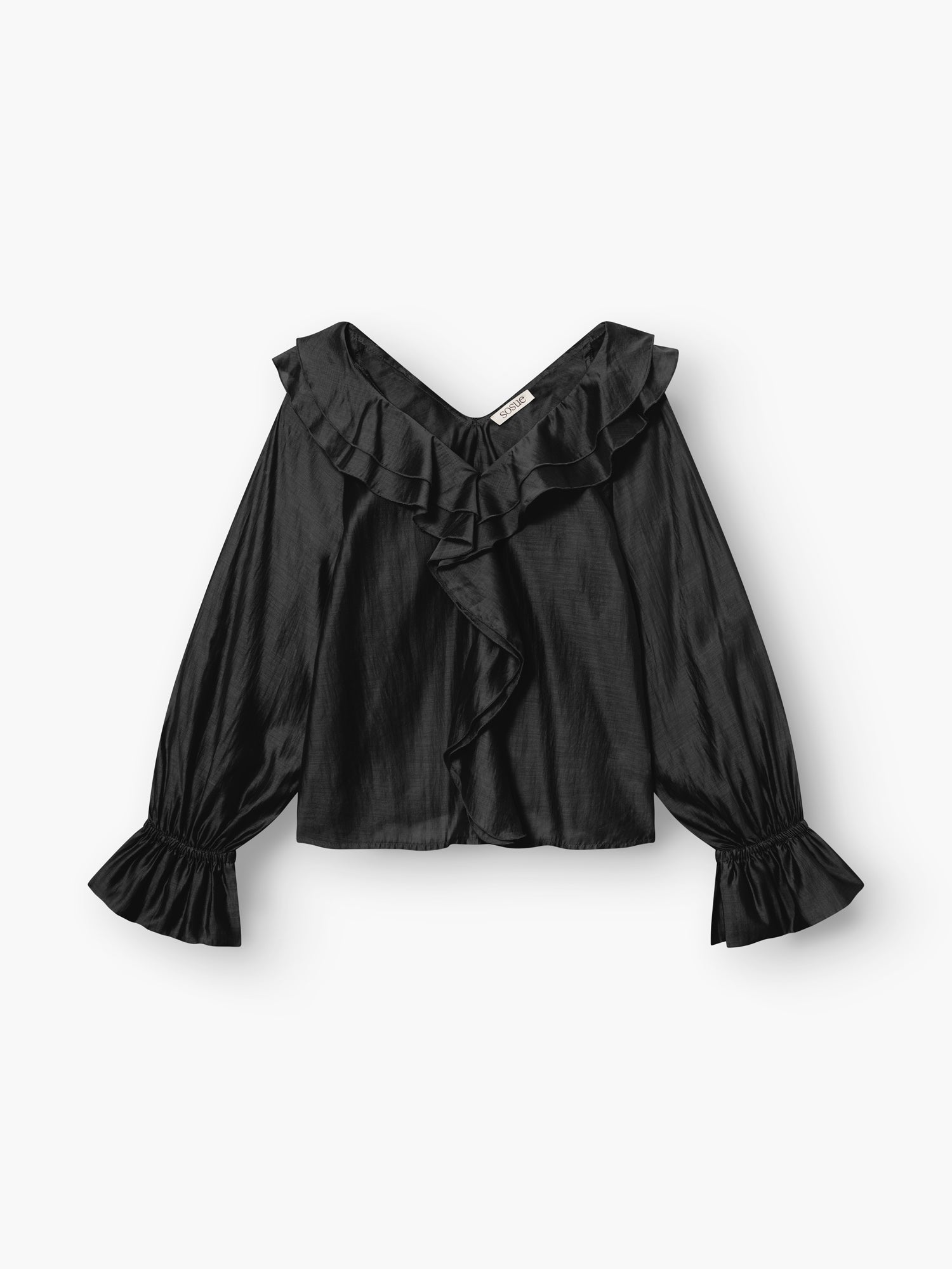 Das Ruffle Long Sleeve Black besteht aus glänzendem, leichtem Stoff mit einem gerüschten V-Ausschnitt und Manschetten. Dieses nachhaltige Kleidungsstück bietet eine lockere, fließende Passform und dezenten Glanz für mühelose Eleganz.