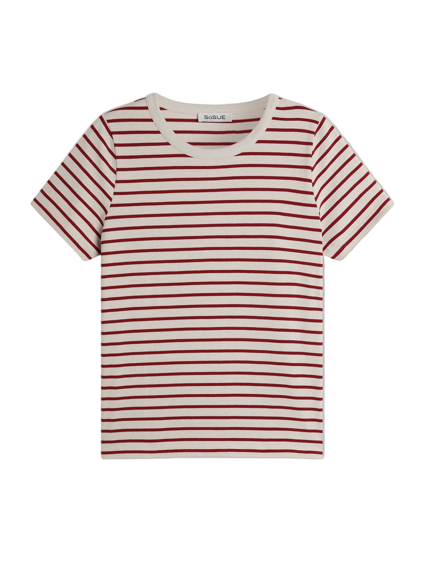 Das T-Shirt Stripes Red ist ein kurzärmeliges, weißes Damenshirt mit roten Marinestreifen und rundem Halsausschnitt, flach auf neutralem Hintergrund präsentiert.