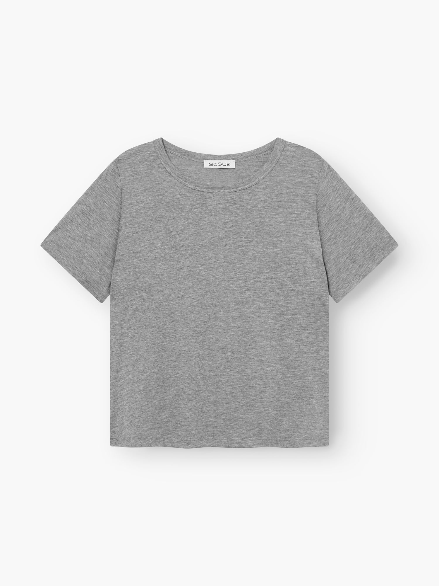 Das T-Shirt Cropped Grey hat eine hellgraue Farbe, kurze Ärmel und einen Rundhalsausschnitt, abgebildet auf einem weißen Hintergrund.