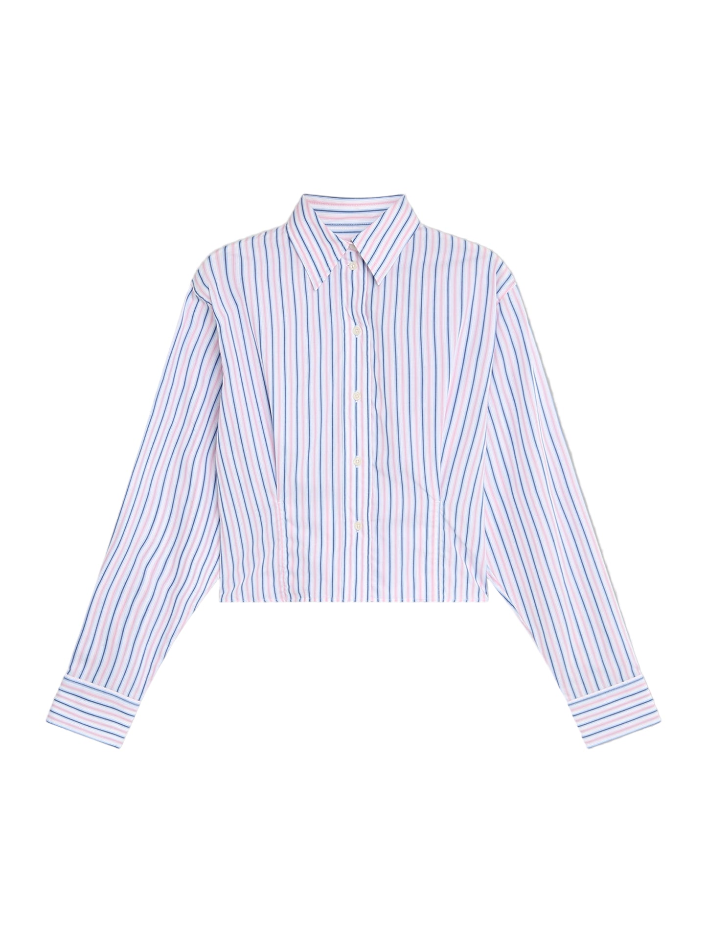 Die Bluse Melbourne Streifen Rose Blau ist eine langärmelige, taillierte Bluse mit blauen und rosafarbenen Streifen auf weißem Grund, geradem Saum und Bündchen an den Handgelenken, die in Portugal aus weicher Baumwolle hergestellt wird.