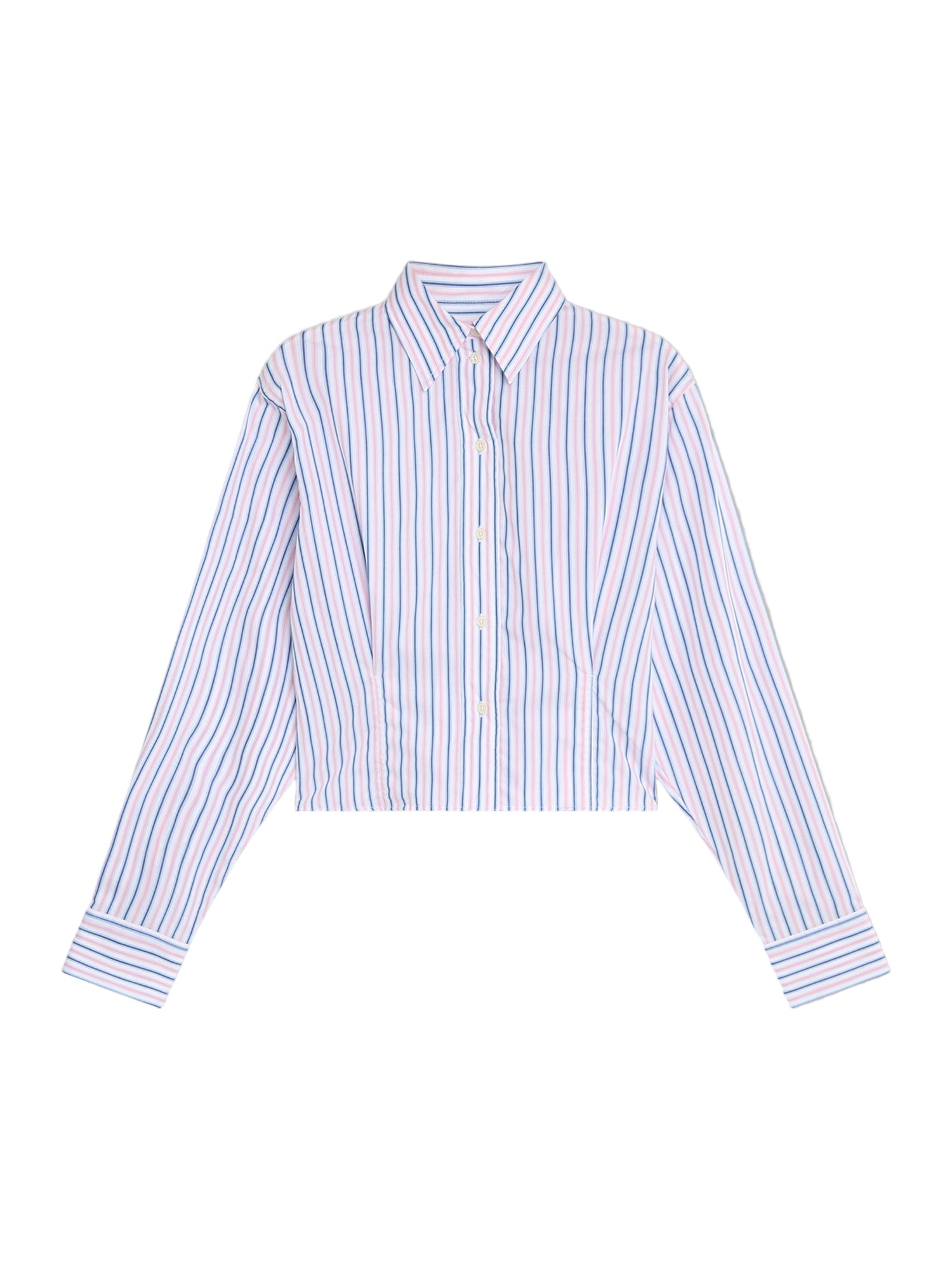 Die Bluse Melbourne Streifen Rose Blau ist eine langärmelige, taillierte Bluse mit blauen und rosafarbenen Streifen auf weißem Grund, geradem Saum und Bündchen an den Handgelenken, die in Portugal aus weicher Baumwolle hergestellt wird.