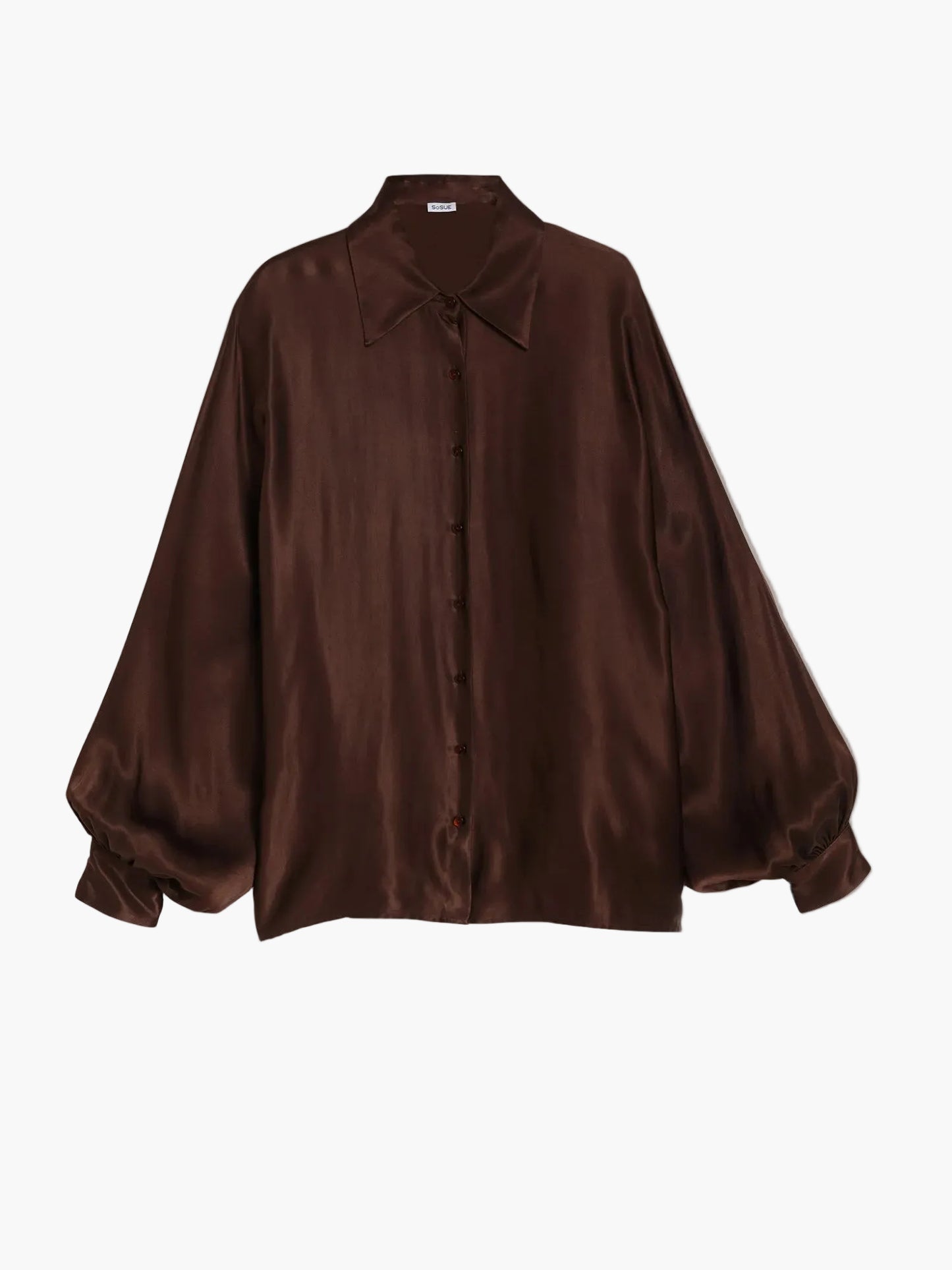 Die Bluse „Antonia Shiny Brown One Size“ ist eine locker sitzende, langärmelige Satinbluse in einem tiefen Braunton mit spitzem Kragen und Knopfleiste vorne, abgebildet vor einem einfarbigen hellgrauen Hintergrund.