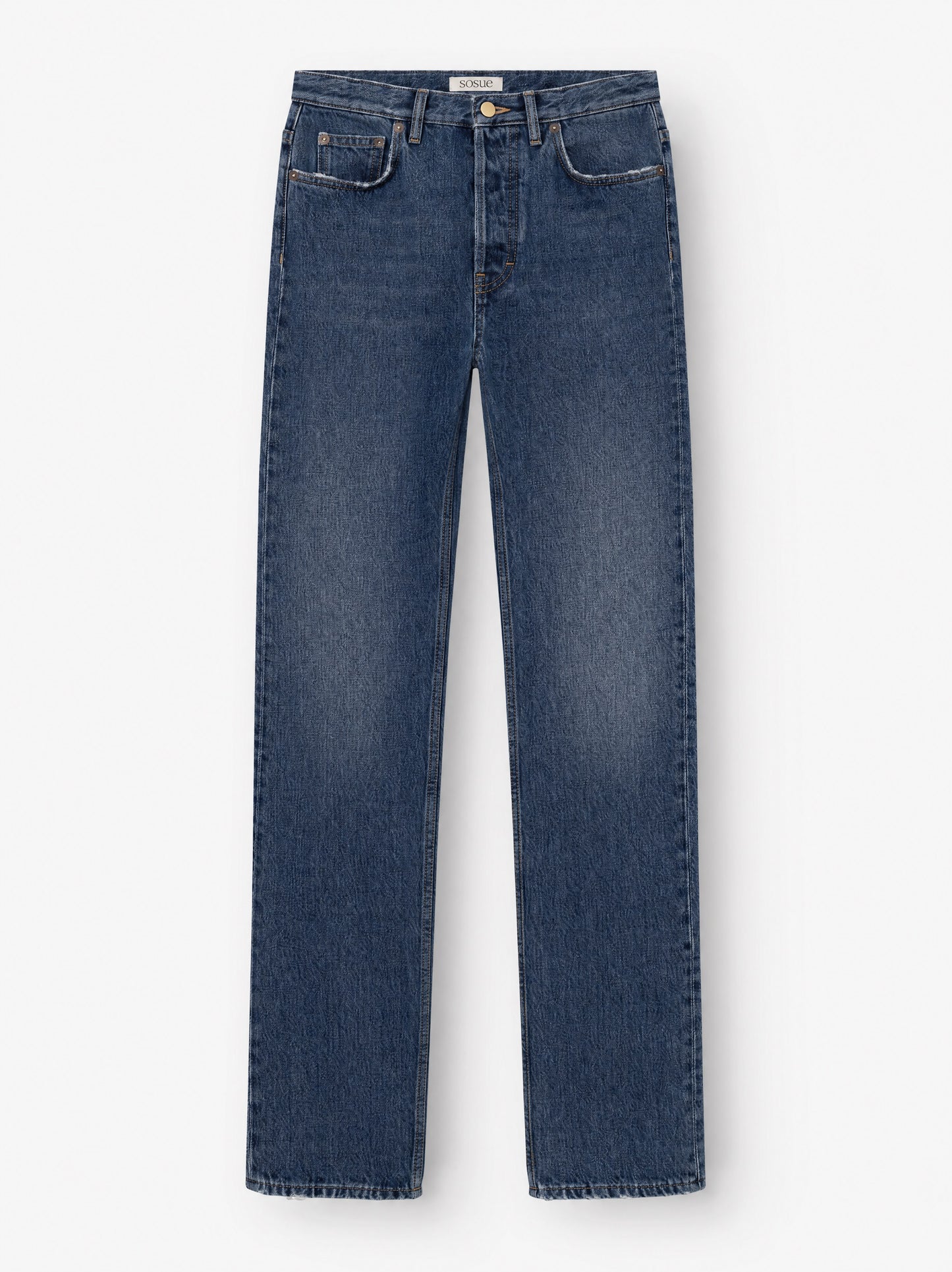 Die SIENNA Jeans Dark Blue – Straight Leg, eine Damenjeans aus Premium-Denim „Made in Italy“, zeichnet sich durch einen klassischen Straight-Leg-Schnitt, einen Knopf- und Reißverschluss, Vorder- und Gesäßtaschen sowie dezente Ausbleichungen an den Oberschenkeln aus, die vor einem weißen Hintergrund zur Geltung kommen.