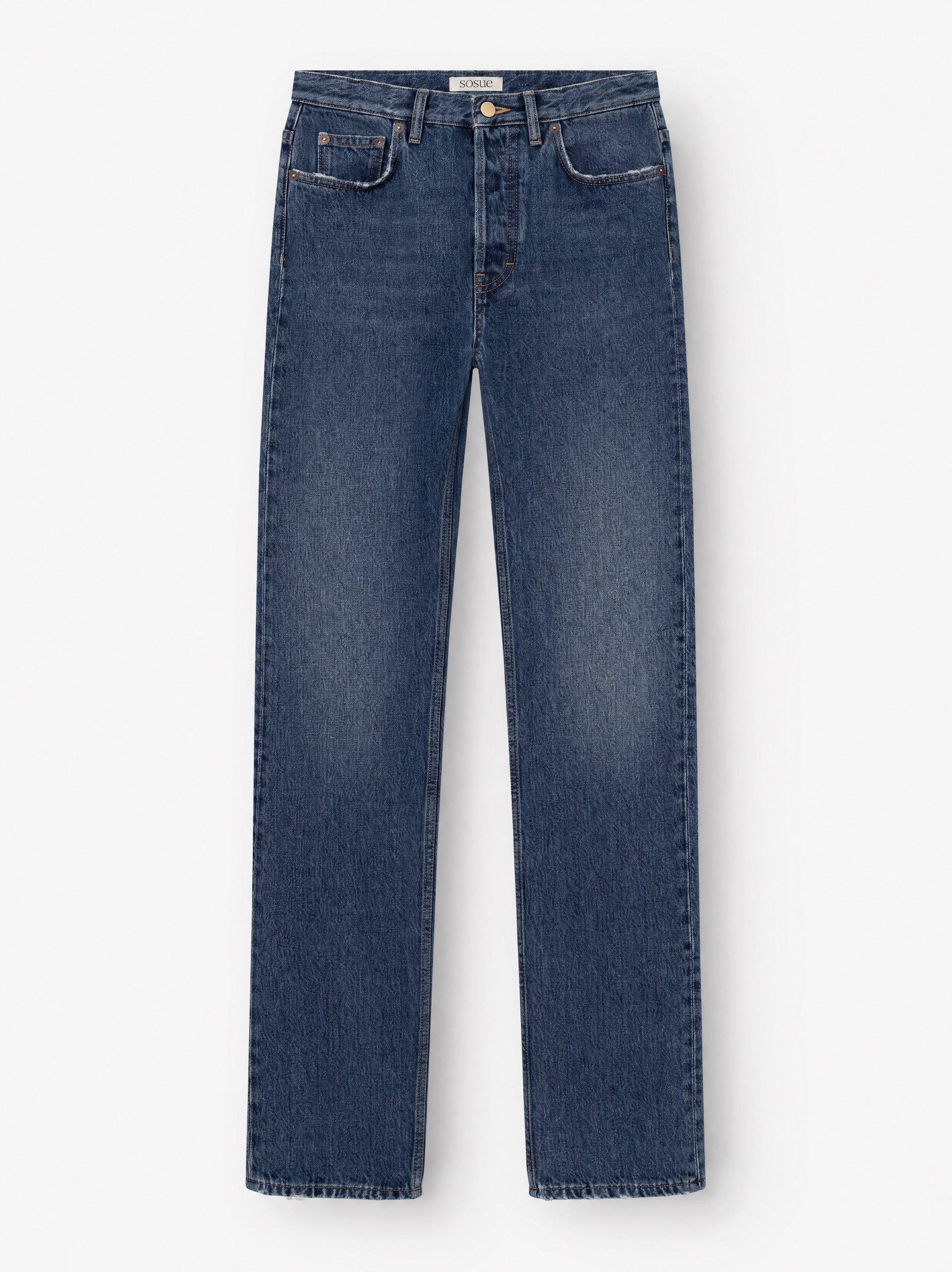 Die SIENNA Jeans Dark Blue – Straight Leg, eine Damenjeans aus Premium-Denim „Made in Italy“, zeichnet sich durch einen klassischen Straight-Leg-Schnitt, einen Knopf- und Reißverschluss, Vorder- und Gesäßtaschen sowie dezente Ausbleichungen an den Oberschenkeln aus, die vor einem weißen Hintergrund zur Geltung kommen.