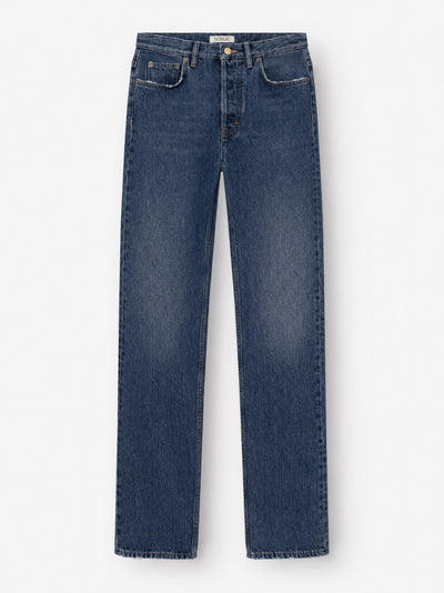 Die SIENNA Jeans Dark Blue – eine Damenjeans mit geradem Bein aus hochwertigem Denim, mit fünf Taschen und Knopfverschluss – wird flach auf weißem Hintergrund präsentiert.