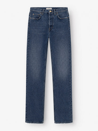 Die SIENNA Jeans Dark Blue – eine Damenjeans mit geradem Bein aus hochwertigem Denim, mit fünf Taschen und Knopfverschluss – wird flach auf weißem Hintergrund präsentiert.