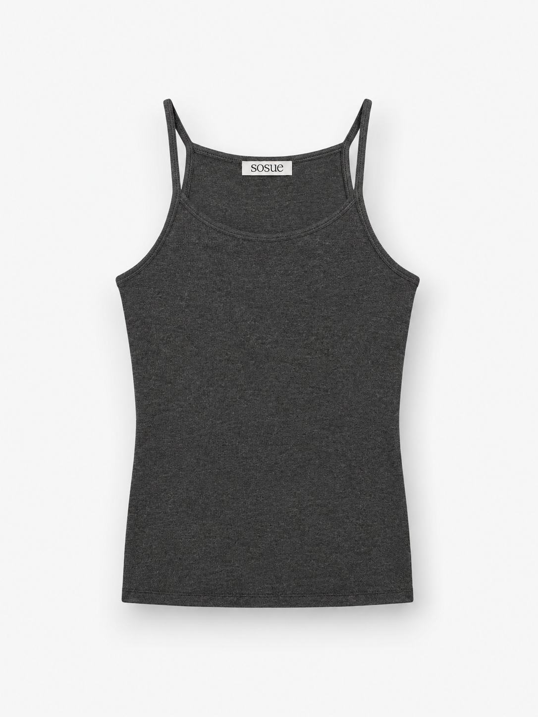 Das Kaschmir-Tanktop „Rib Anthrazit“ in Dunkelgrau, ärmellos und mit dünnen Spaghettiträgern, liegt flach auf einem weißen Hintergrund. Im Ausschnitt befindet sich ein kleines SOSUE-Markenetikett. Dieses schicke Kaschmir-Tanktop wurde in Portugal meisterhaft gefertigt und verleiht Ihnen einen Hauch von dezentem Luxus.